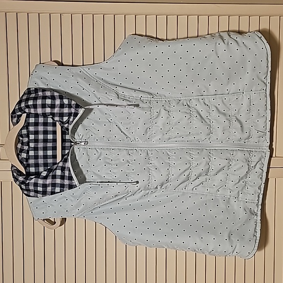 CJ Banks 1X Teal/Aqua Plaid and Polka Dot Reversible Quilted Zipper Vest - Picture 3 of 8